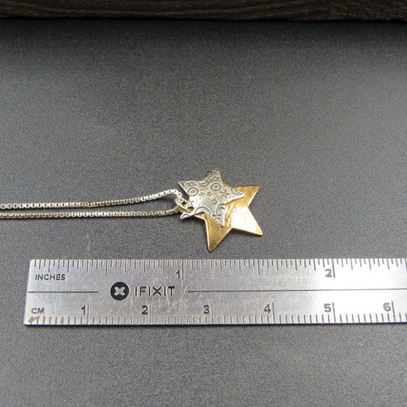 18" Sterling Silver Double Star Pendant Necklace Vintage - Picture 5 of 6